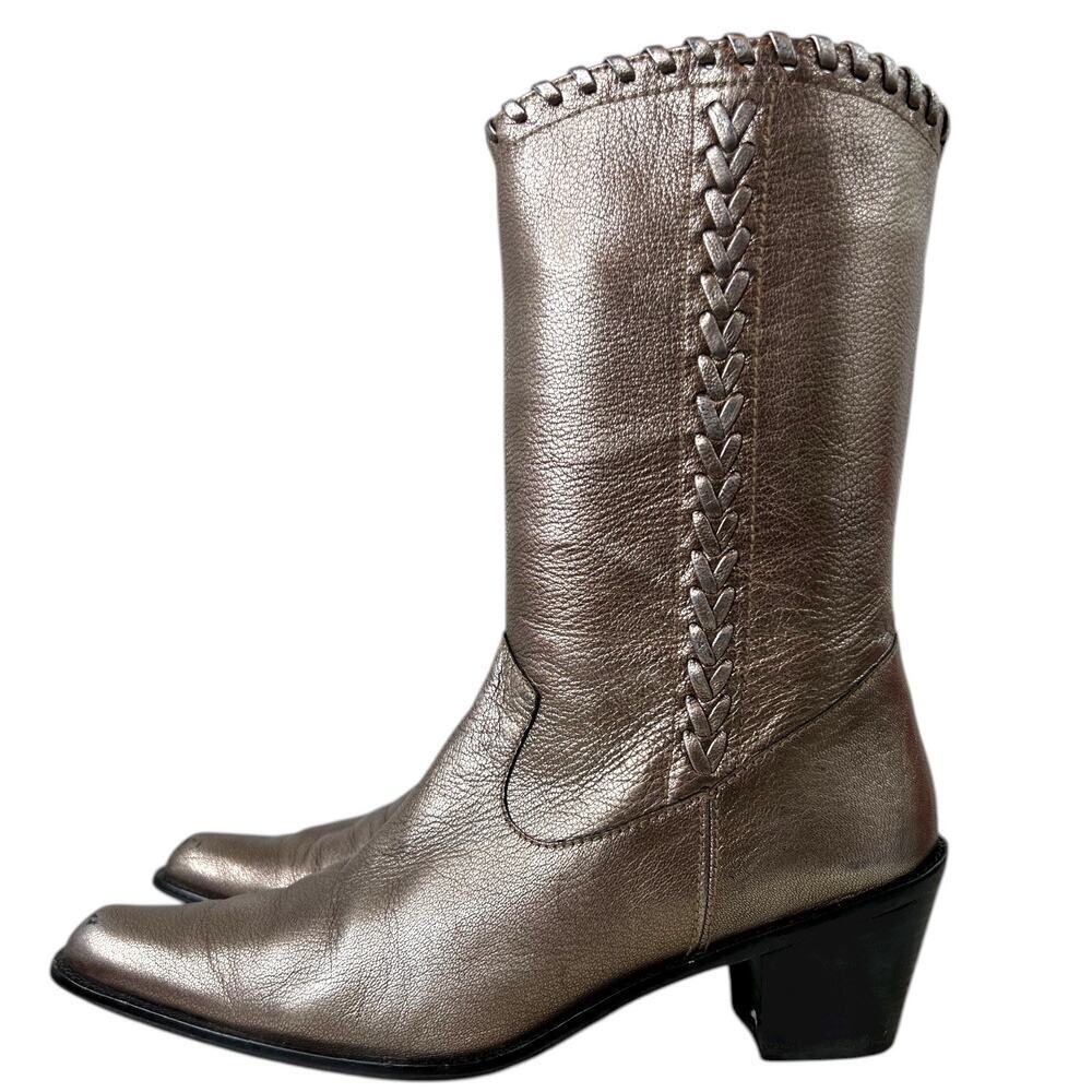 Stuart Weitzman Metallic Leather Braided Trim Mid-Calf Western Style Boots 9M